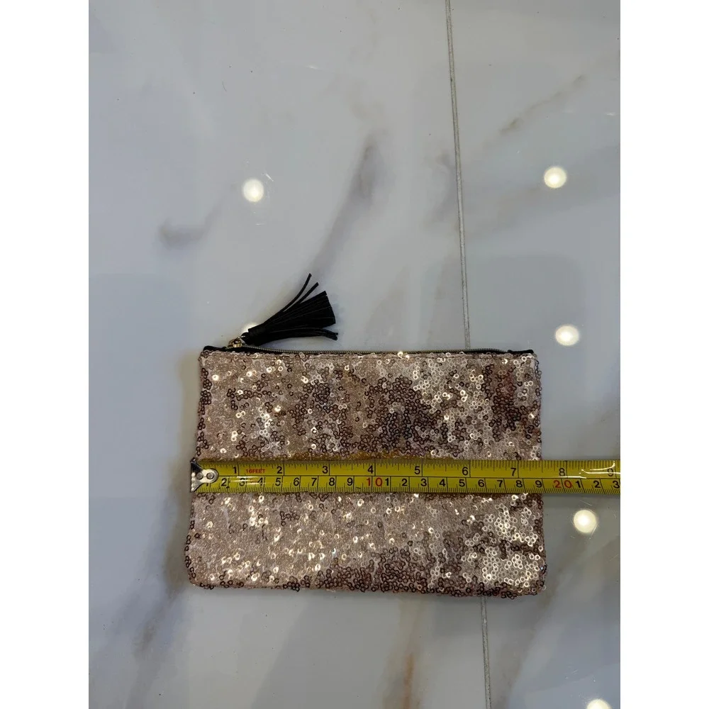 Ipsy‎ Gold Sequin Black Faux Leather Tassel Makeup Bag Set of 2 Cosmetic Pouches
